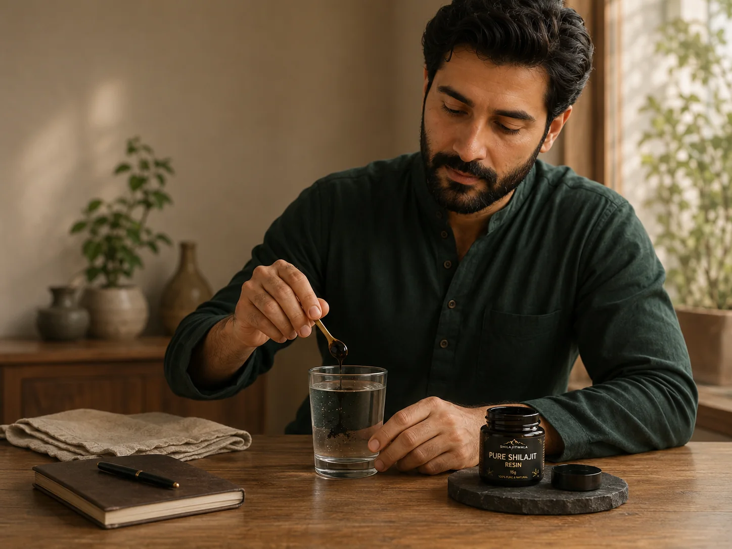 Man preparing ShilajitWala Pure Shilajit Resin in warm water